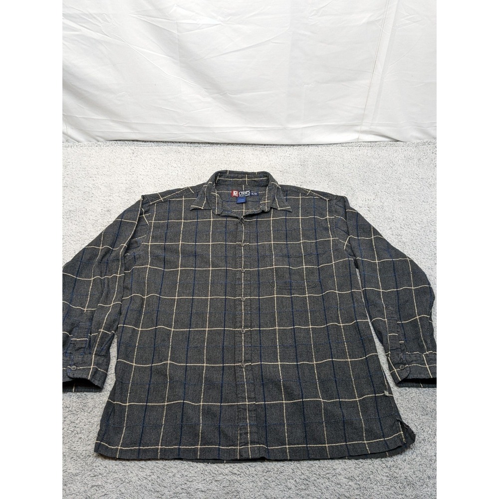 Vintage Chaps Ralph Lauren XL Flannel Shirt Gray Plaid‎ Windowpane Y2K Retro
